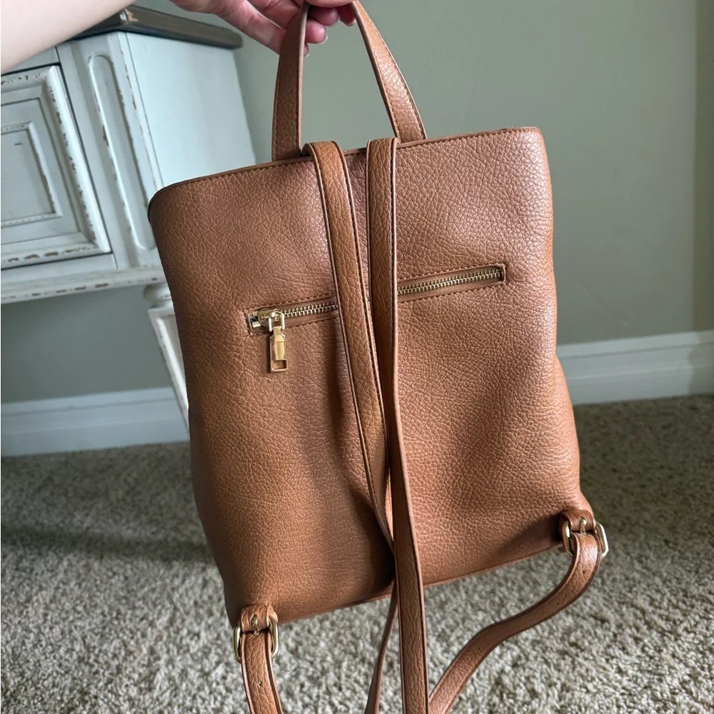 Women's Tan Leather Backpack Tote with Tassel